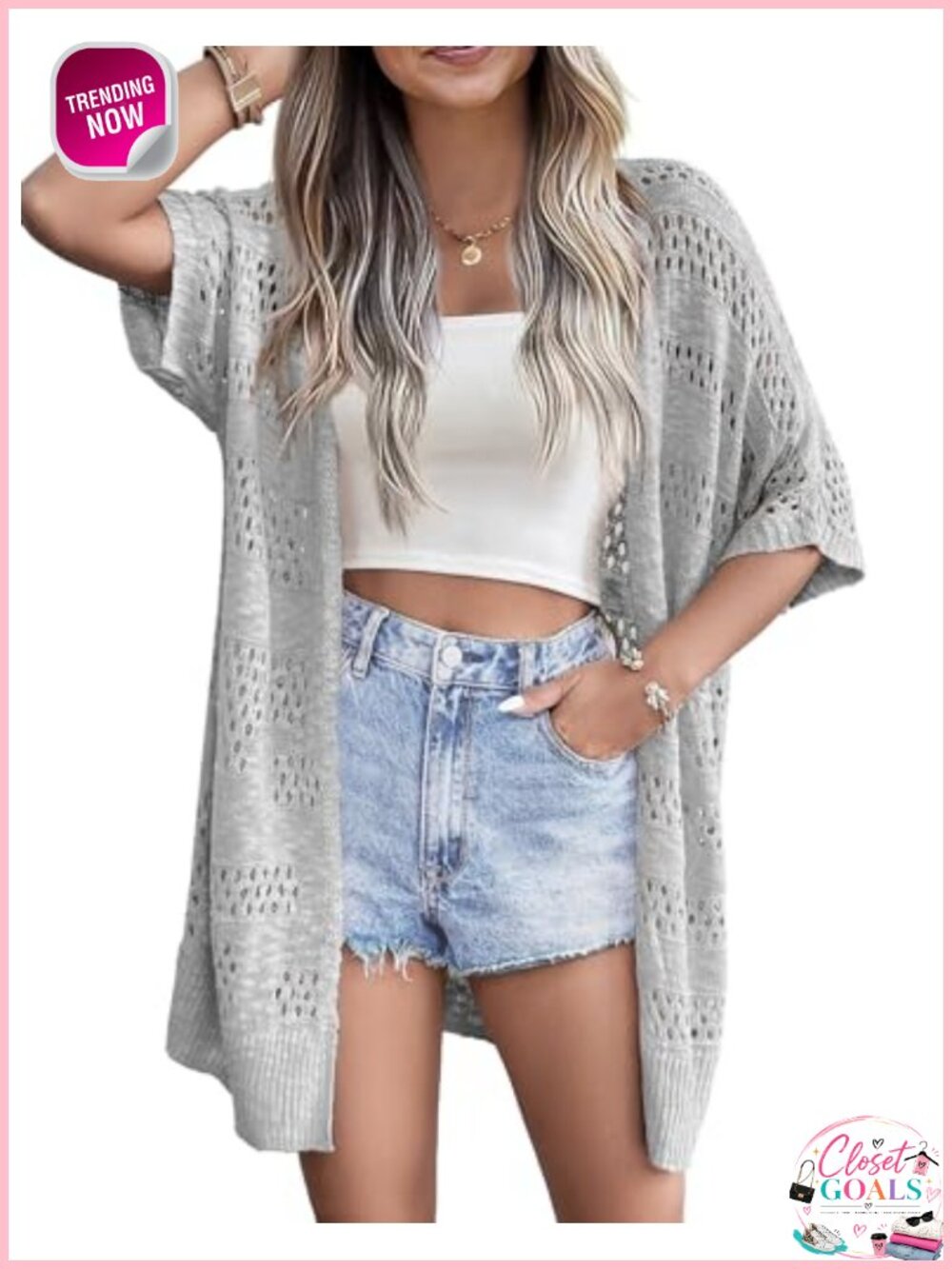 Lightweight Crochet Knit Open Front Short Sleeve Cardigan